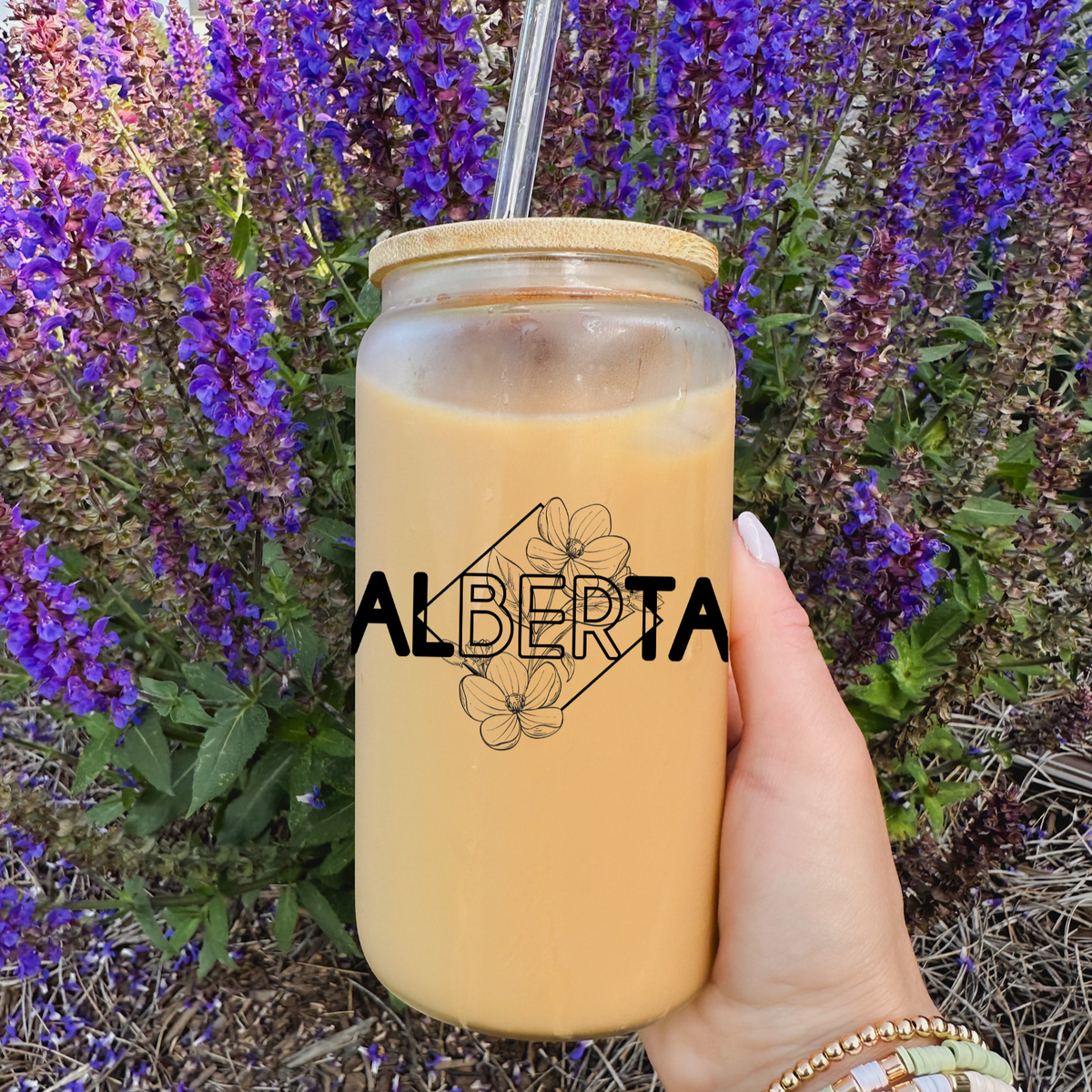Alberta Diamond Line Art Glass Can with Bamboo Lid | Drink Cup