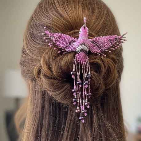 Pink and grey Hummingbird Barrette with Fringes