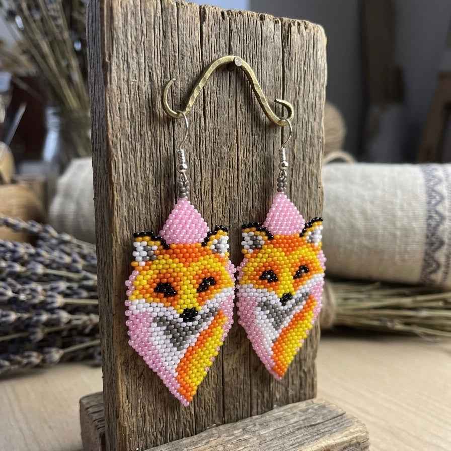 Fox Beaded Earrings (Pink)