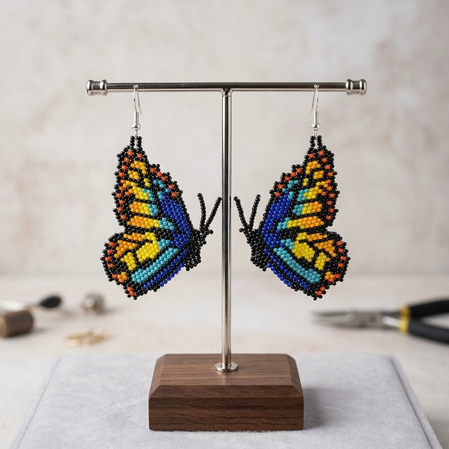 Blue Beaded Butterfly Wing Earrings