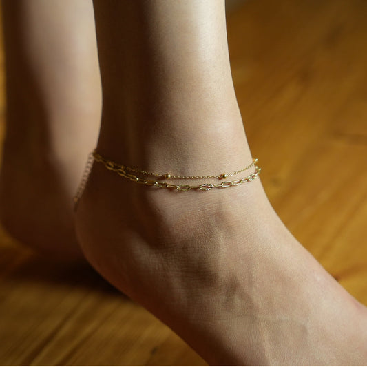 CASTILIA LG Gold Anklet: Double Stacked Paper Clip Chain & Beaded Chain - Dazzle in Duality