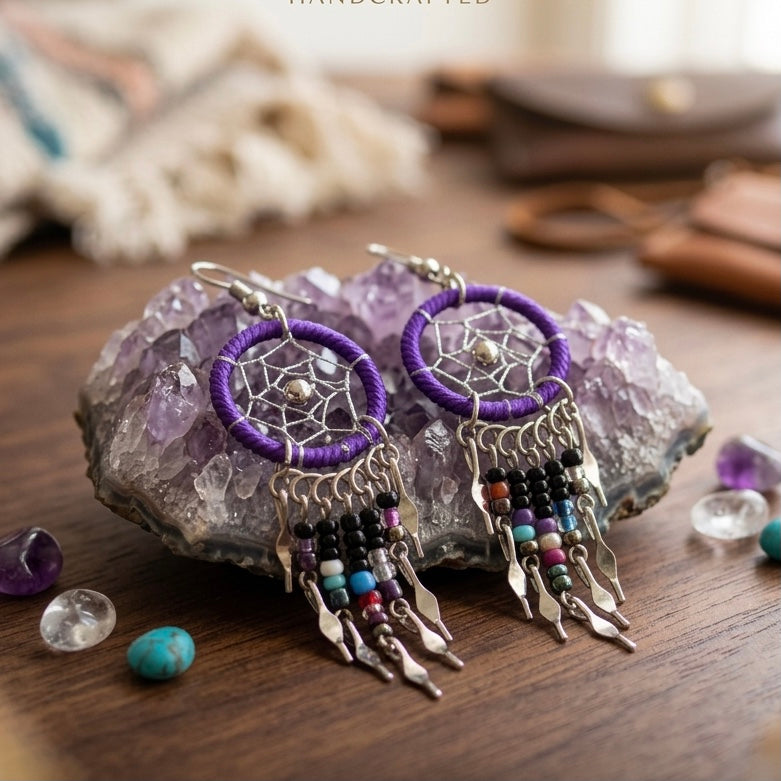 Purple Beaded Dreamcatcher earrings