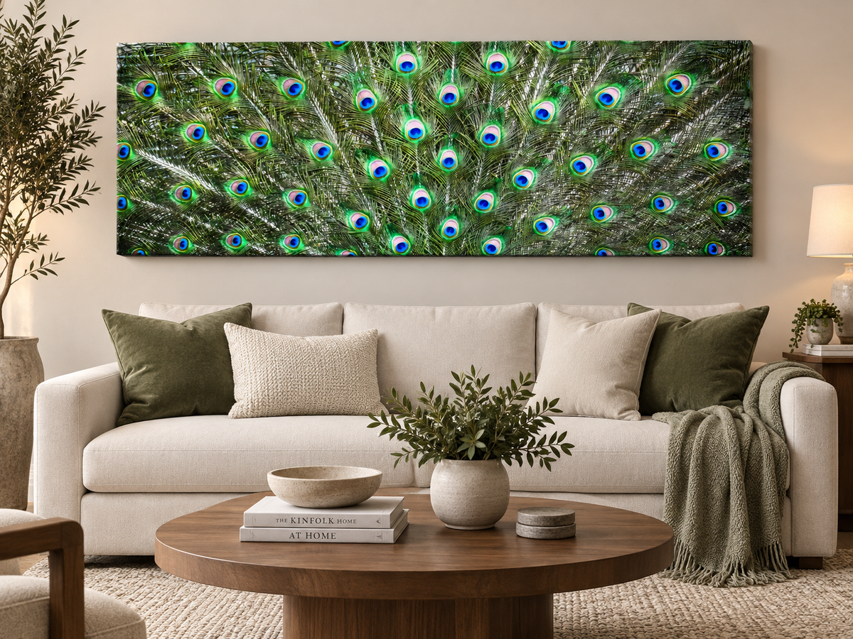 Große Leinwand Wandkunst – Pfauenfedern – Naturkunstwerk