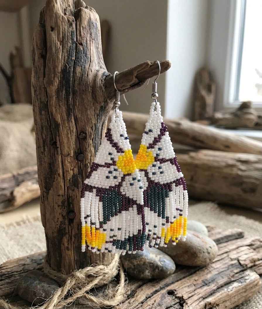 Flower Fringe Beaded Earrings (White)