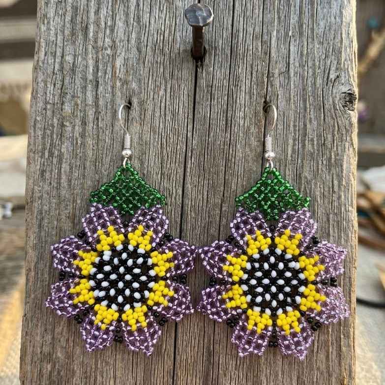 Sunflower Beaded Earrings (Purple)