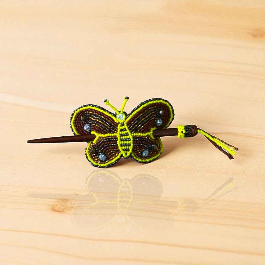Golden Yellow Handmade Beaded Butterfly Barrete