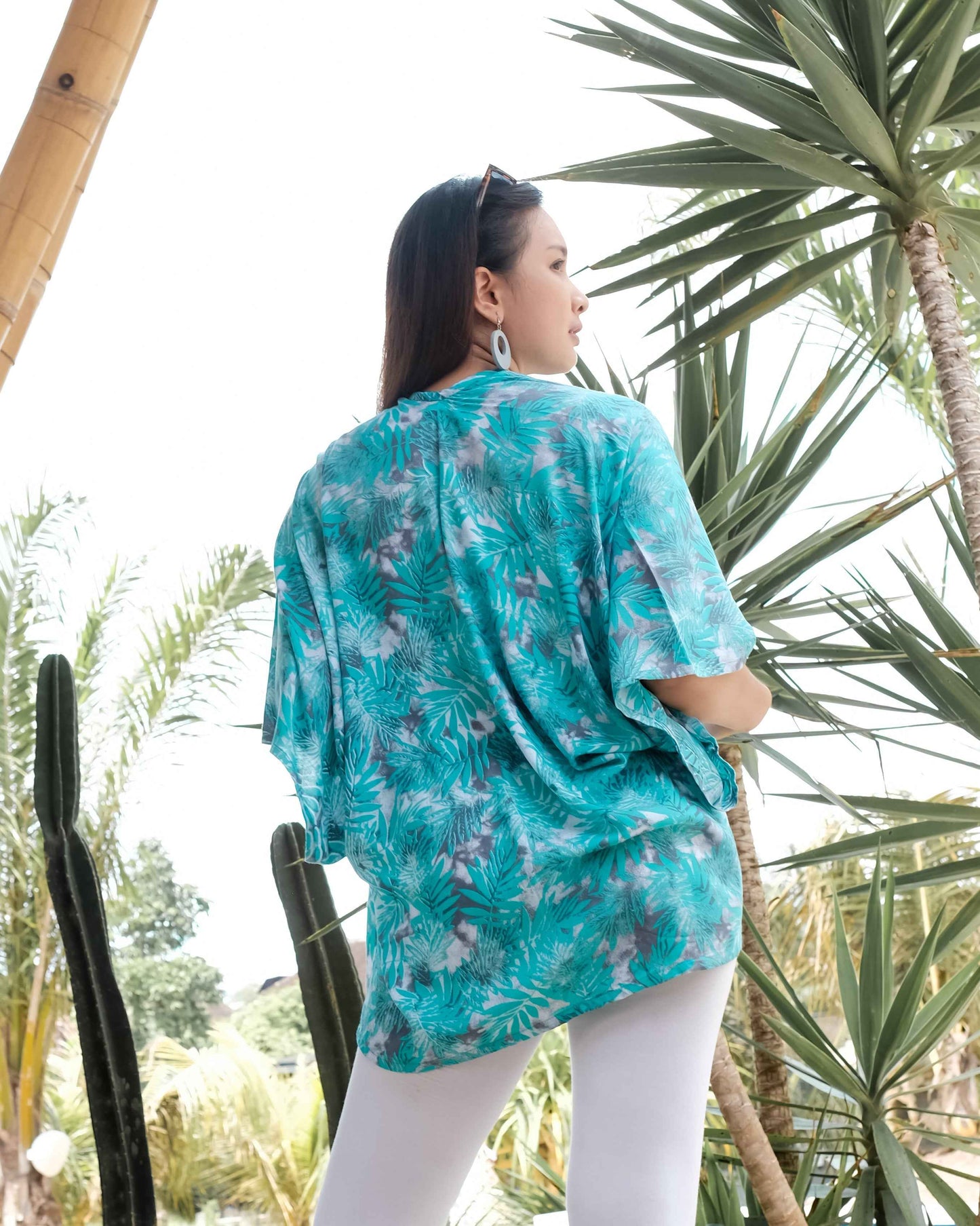 Fern Print Short Kimono - Mint & Grey