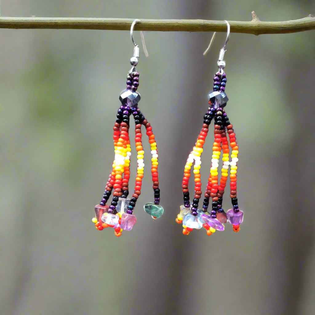 Purple Six-Strand Beaded Cascade Earrings