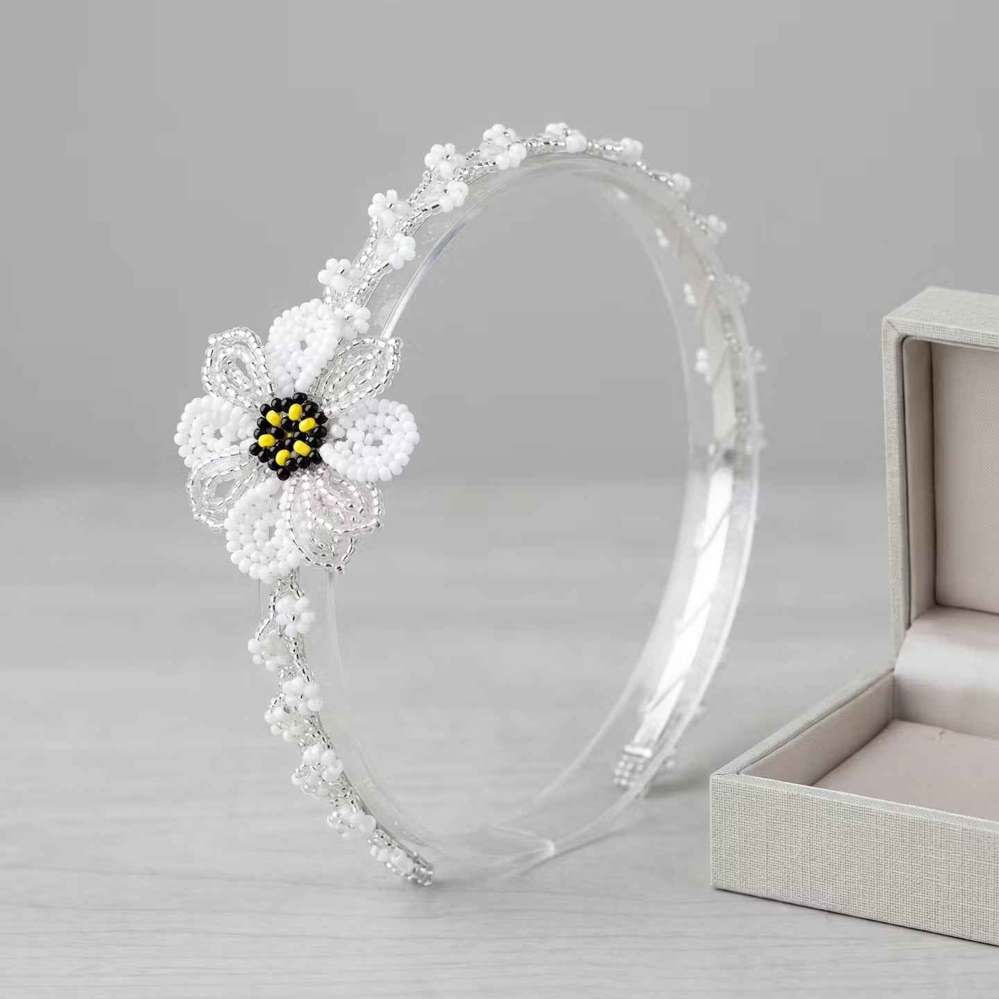 Beaded Headband with Flower White