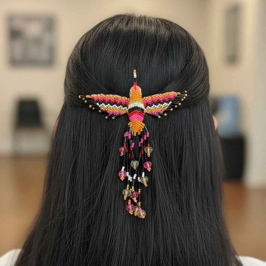 Black and orange Hummingbird Barrette with Fringes