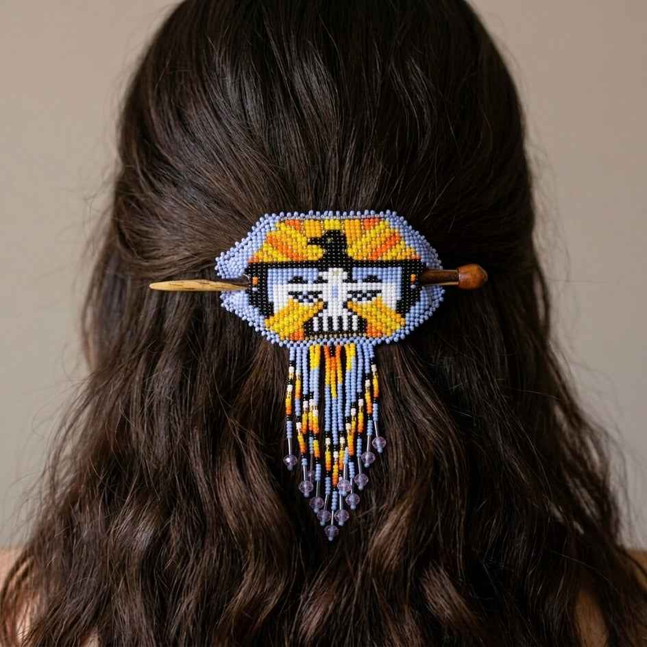 Eagle Fringed Beaded Barrette & Wooden Stick