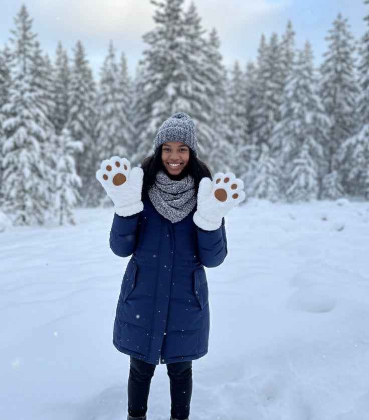 White Soft Plush Bear Paw Gloves