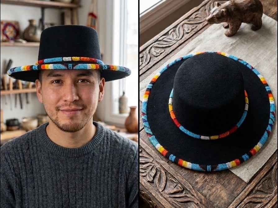 Size-57 Beaded Flat-Brim Felt Hat(BLACK)