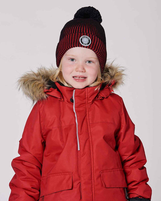 Lined Knit Pompom Hat Red And Black
