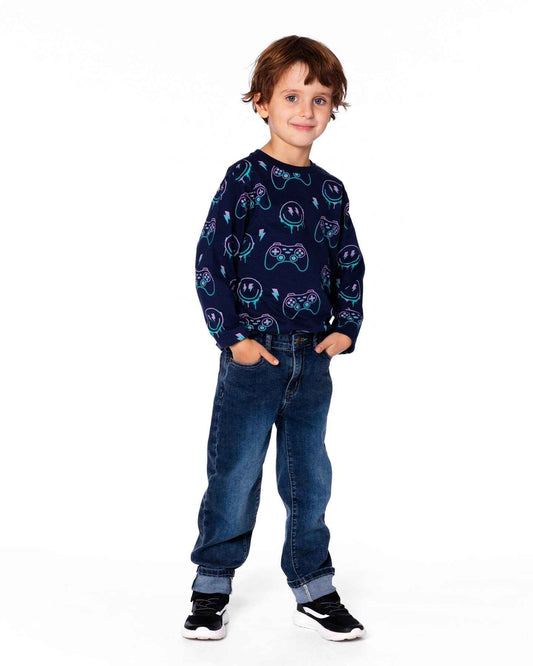 Long Sleeve Organic Cotton Allover Print Tee Navy Blue