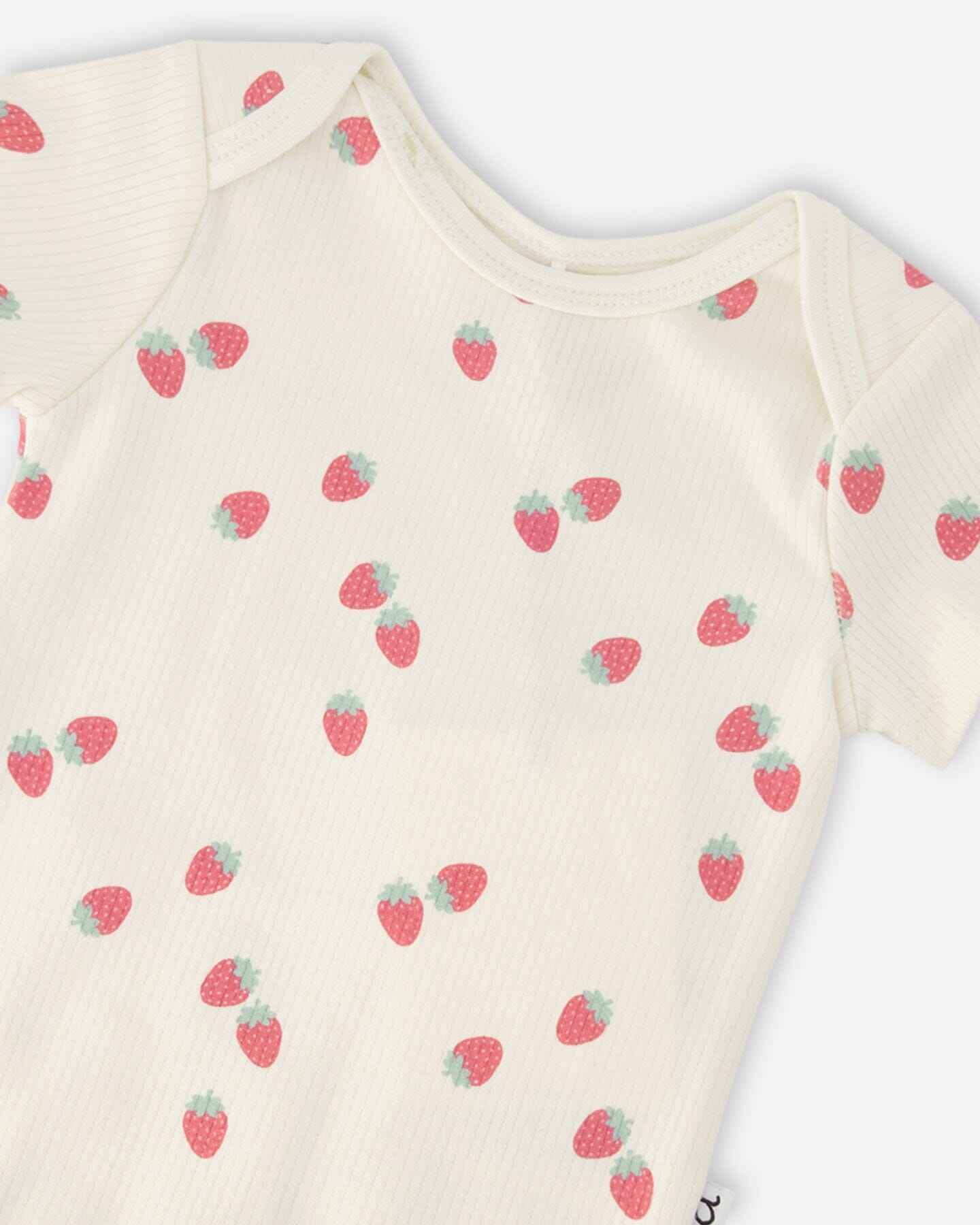 Evolutive Cotton Rib Jersey Onesie White Printed Strawberries