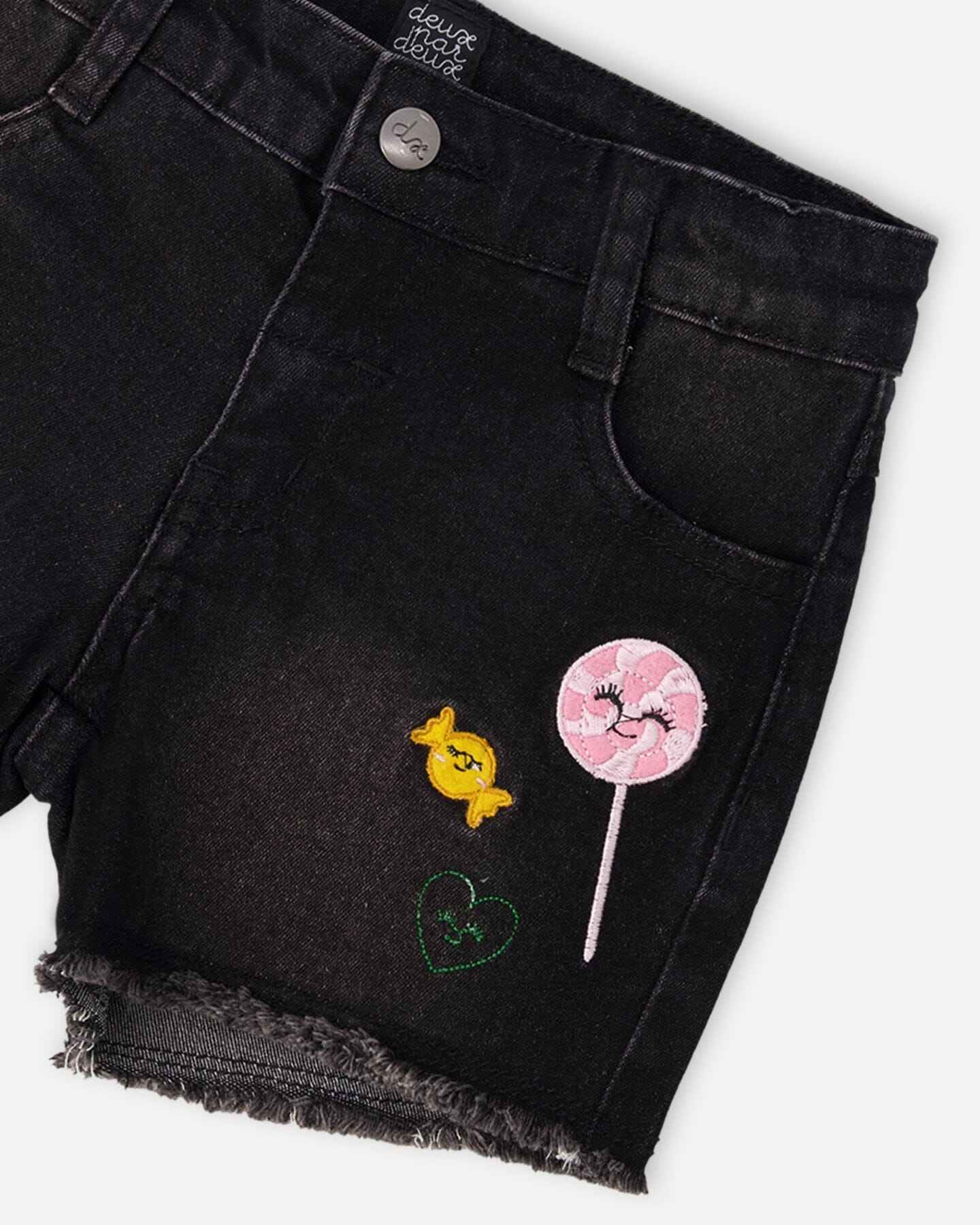 Black Denim Shorts With Embroidery