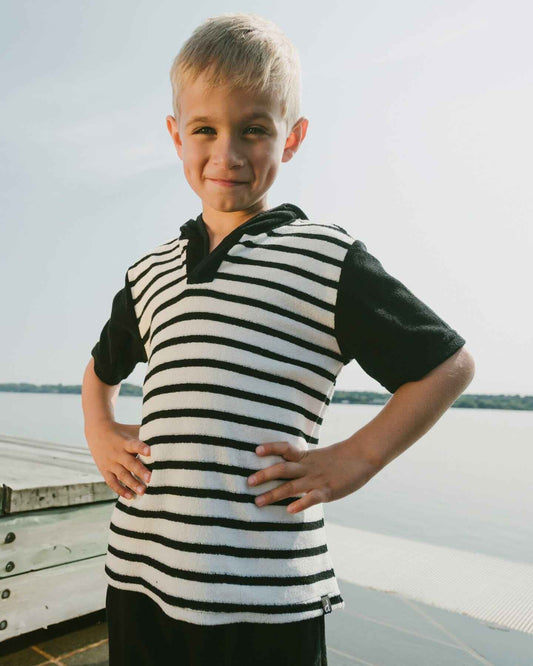 Hooded Terry T-Shirt With Shorts Set Black And White Stripes