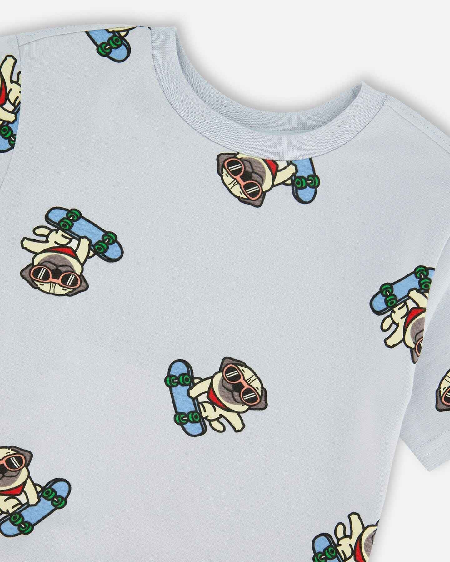 Organic Cotton Jersey T-Shirt Blue Pug Print