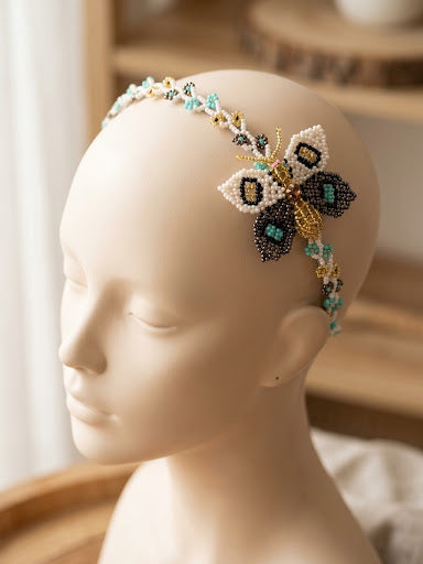 Beaded Headband with Butterfly Golden & White