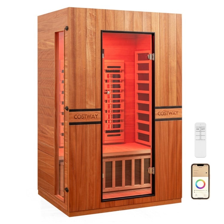 PREORDER NOVEMBER 2026-Costway 2-Person Dual Therapy Full Spectrum Infrared Sauna with Red Light Panel, WiFi App Control, Chromotherapy & Bluetooth – Okoume Wood- Fully Loaded Indoor Spa