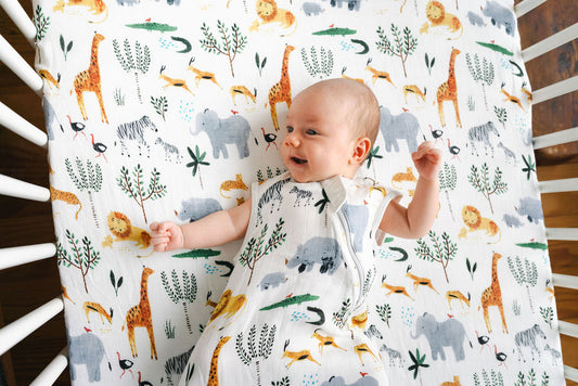 Baby Muslin Fitted Crib Sheet in Tanboocel® Bamboo Viscose - Safari Jungle