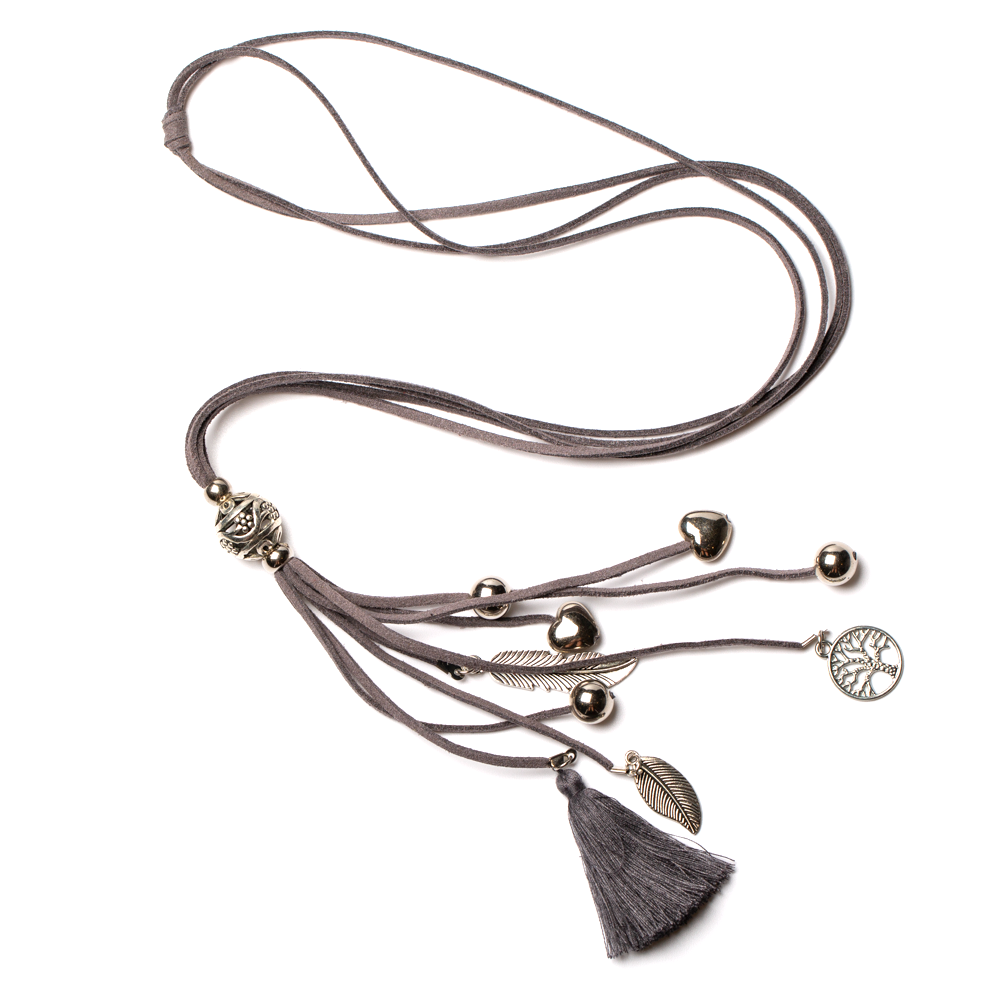 Suede Necklace With Tassel & Charms