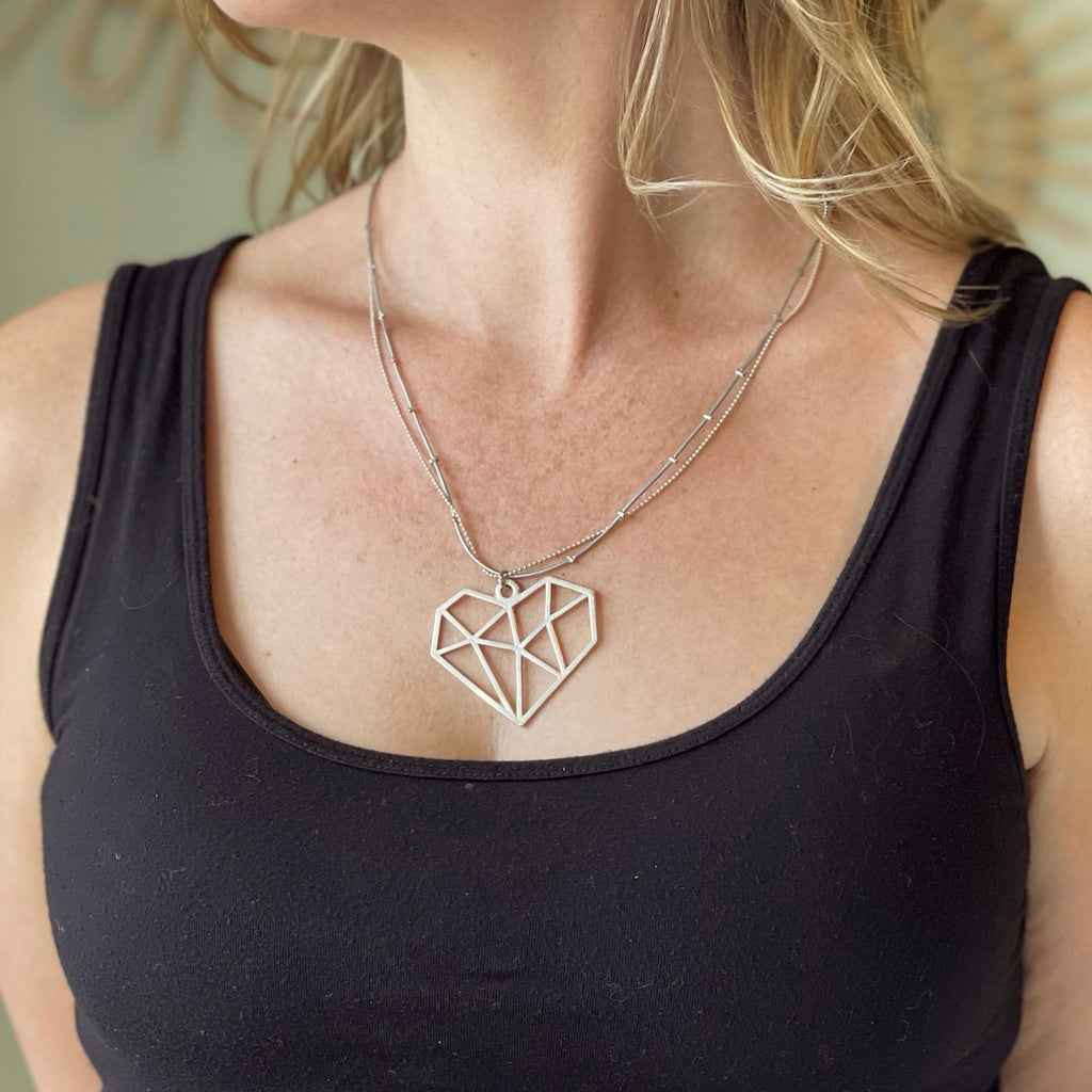 Double Strand Necklace With Heart Pendant In Silver Plate