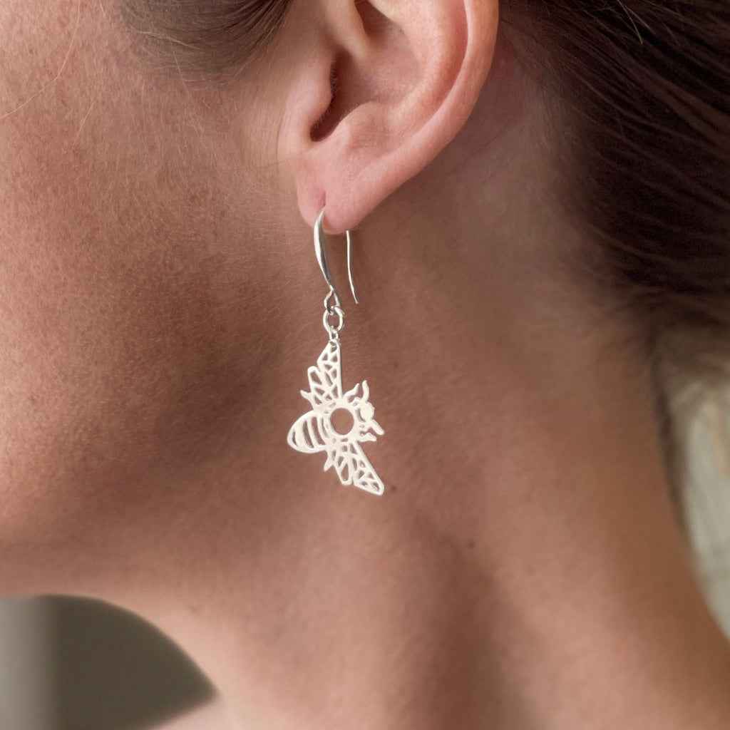Bee Charm Earrings in Silver Plate
