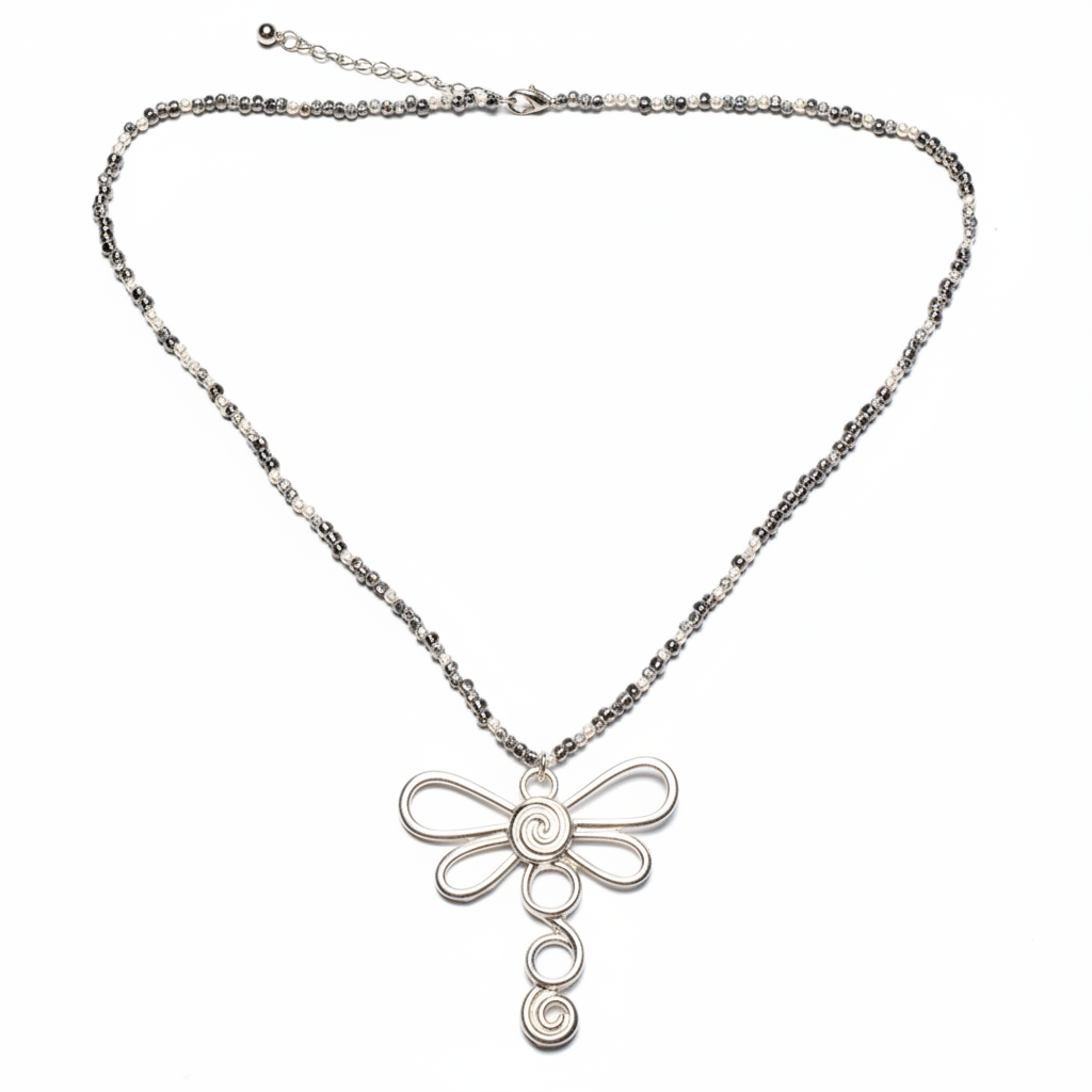 Dragonfly Necklace On Cube. Chain In Silver Plate