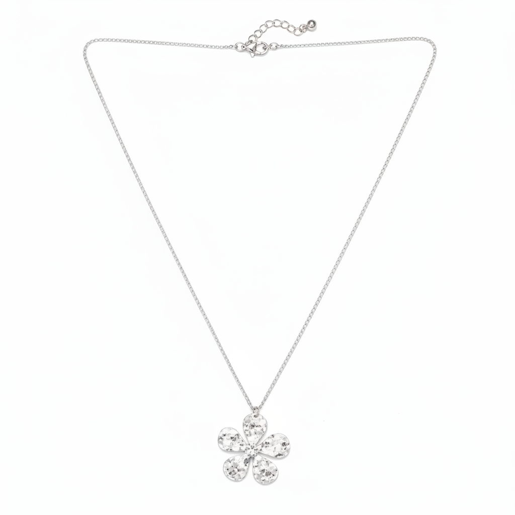 Hammered Flower Pendant On Chain - Silver Plate (SP105)