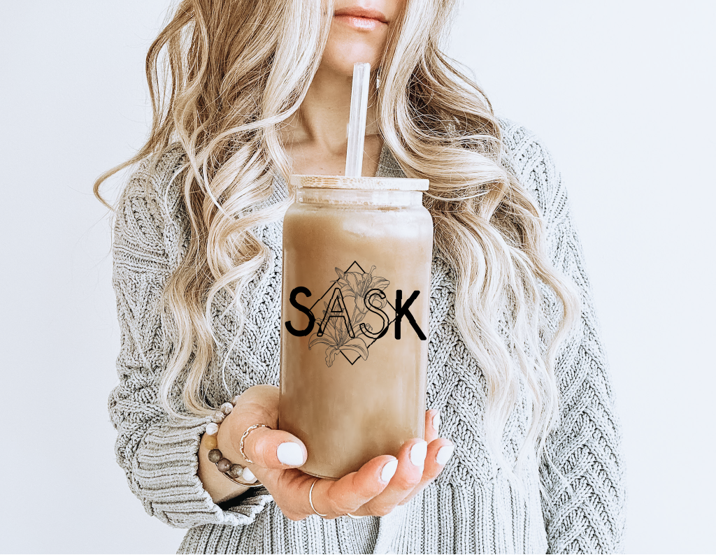 SASK Diamond Line Art Glass Can with Bamboo Lid | Saskatchewan Drink Cup