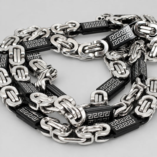 SteelTime Men's Two Tone Stainless Steel and Black IP Byzantine Necklace with Greek Key Accents