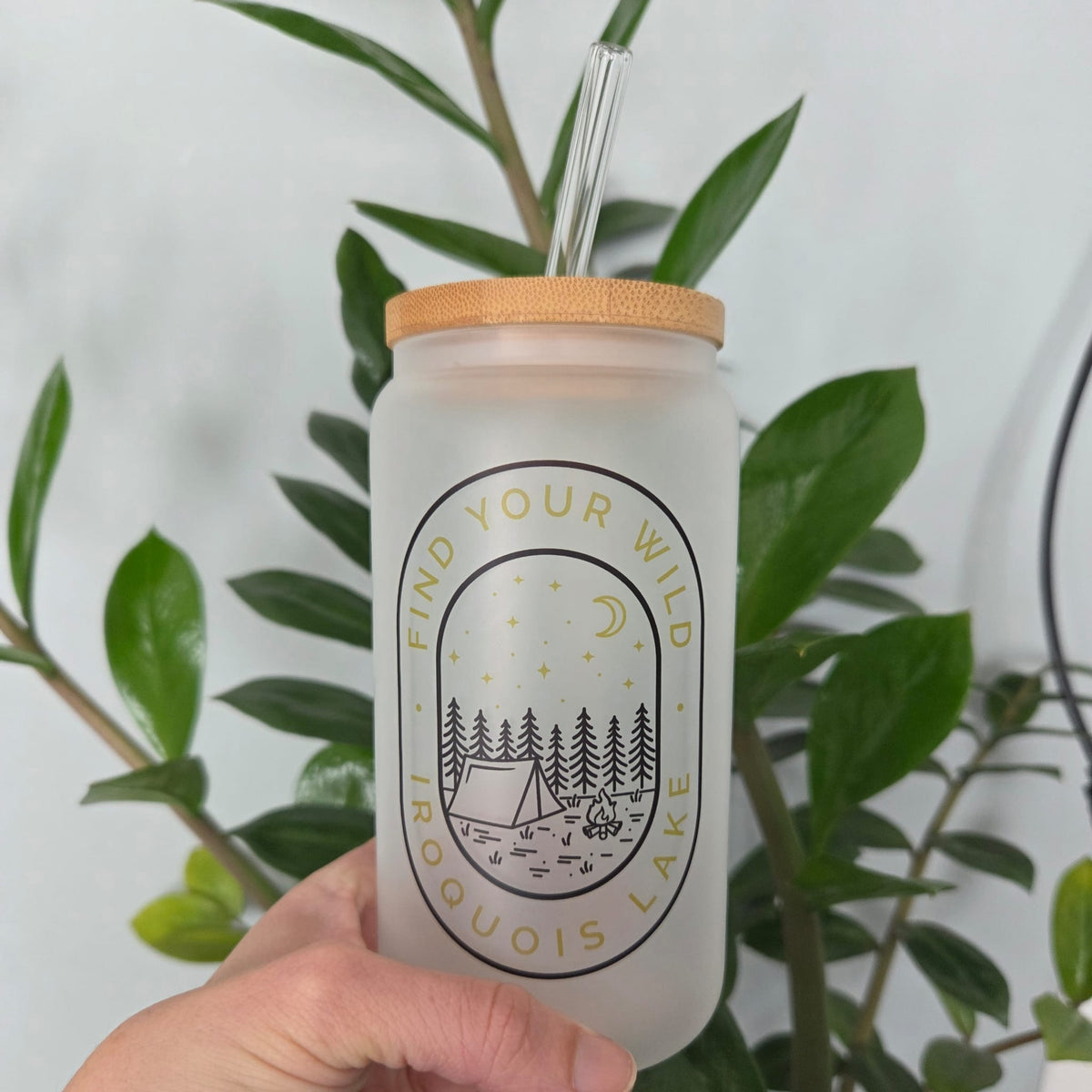Find Your Wild Frosted Glass Can with Bamboo Lid | Custom Lake Drink Cup