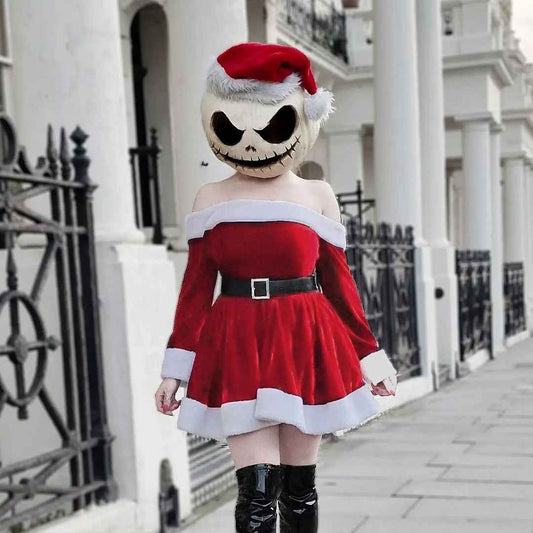Women's Santa Costume Dress – Off-Shoulder Christmas Party Dress with Plush Trim
