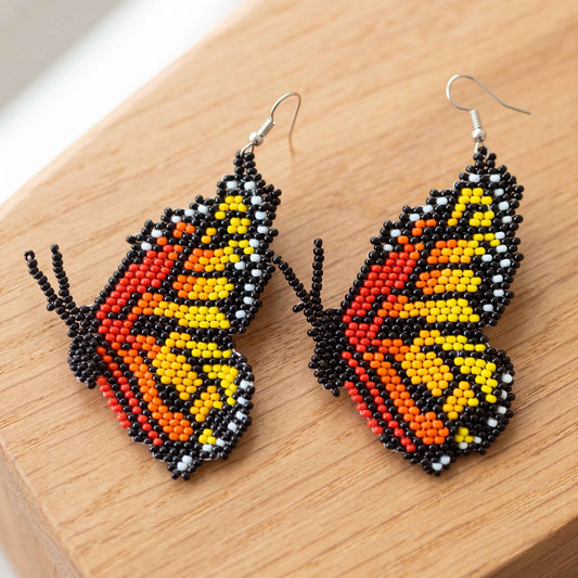 Red & White Butterfly Beaded Earrings
