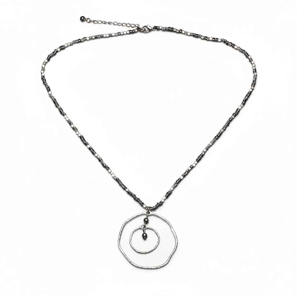 Beaten Double Ring Necklace In Silver Plate