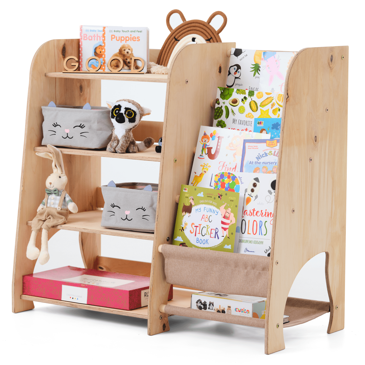 Wooden Montessori Shelves for Toddler 2in1: Bookshelf & Toy Shelving