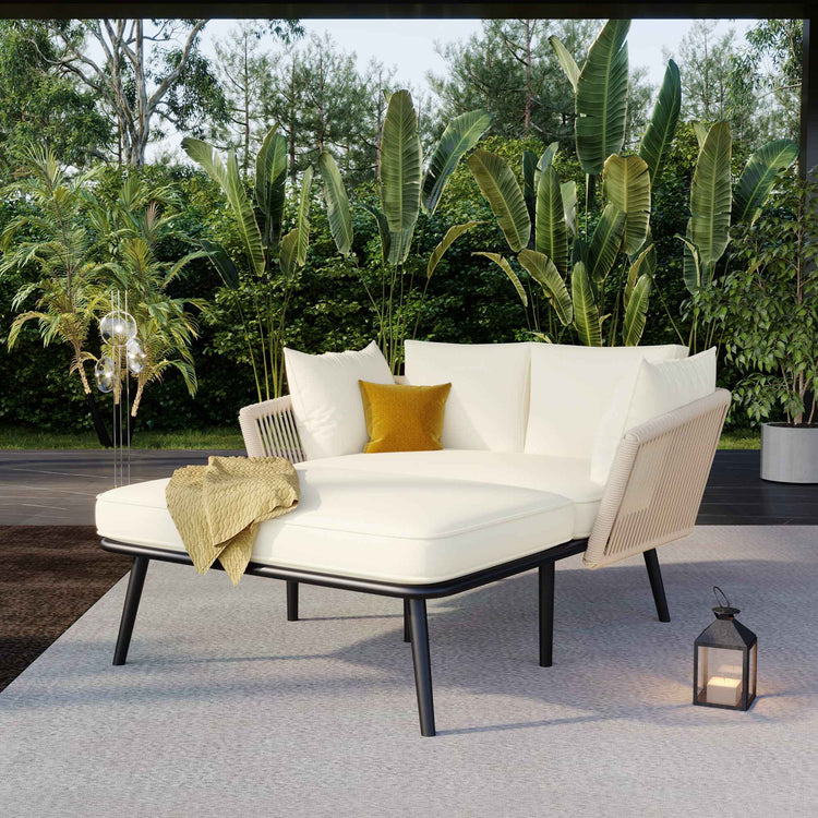Beige Outdoor Garden Sofa – Patio Lounge Furniture with Removable Washable Cushions