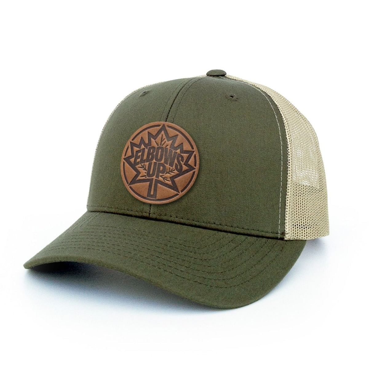 Elbows Up Canada Leather Patch Trucker Hat