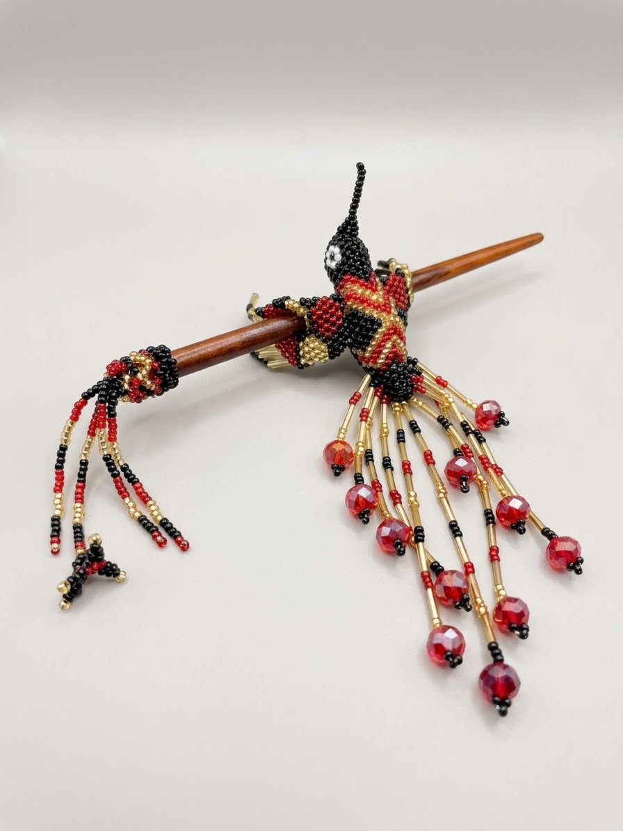 Red & Black Hummingbird Beaded Hair Stick