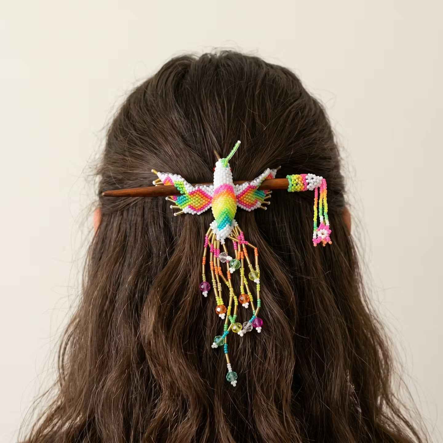 White Hummingbird Beaded Hair Stick