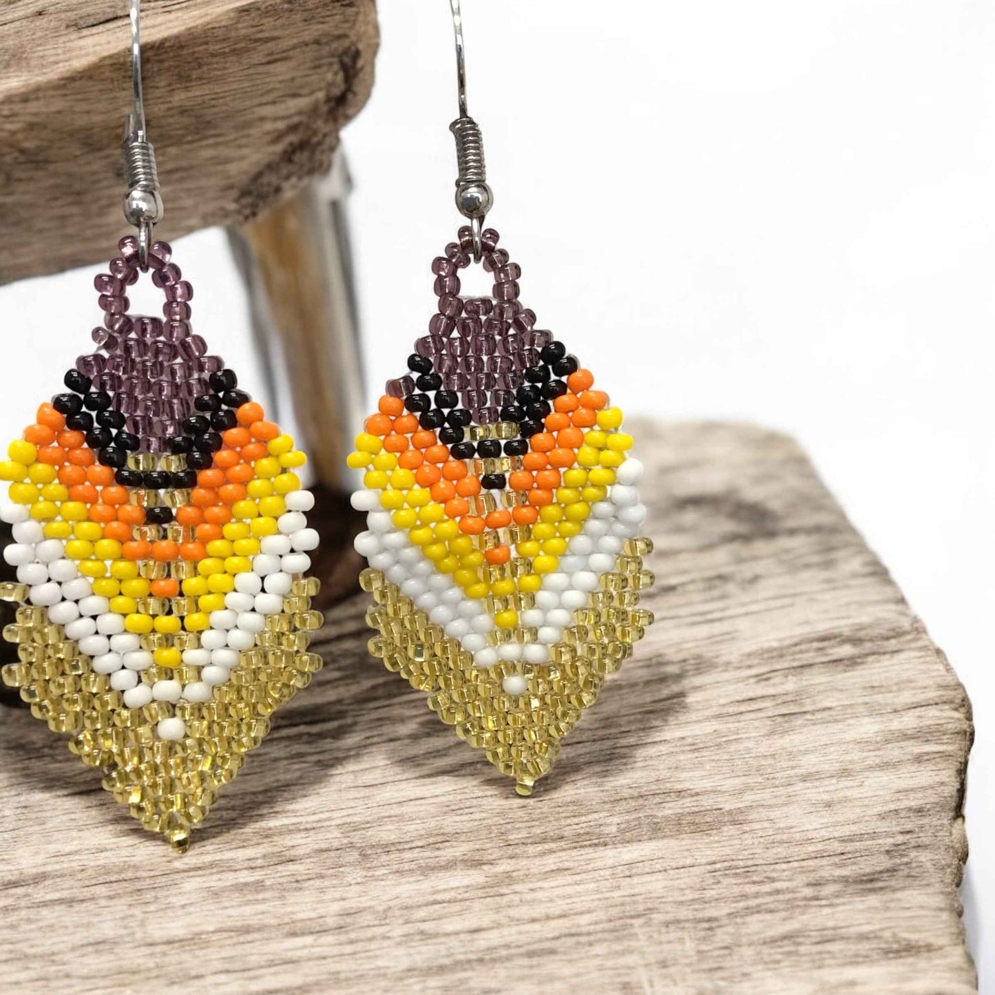 OldTribes™ Gold and blackberry Beaded Feather Drop Earrings