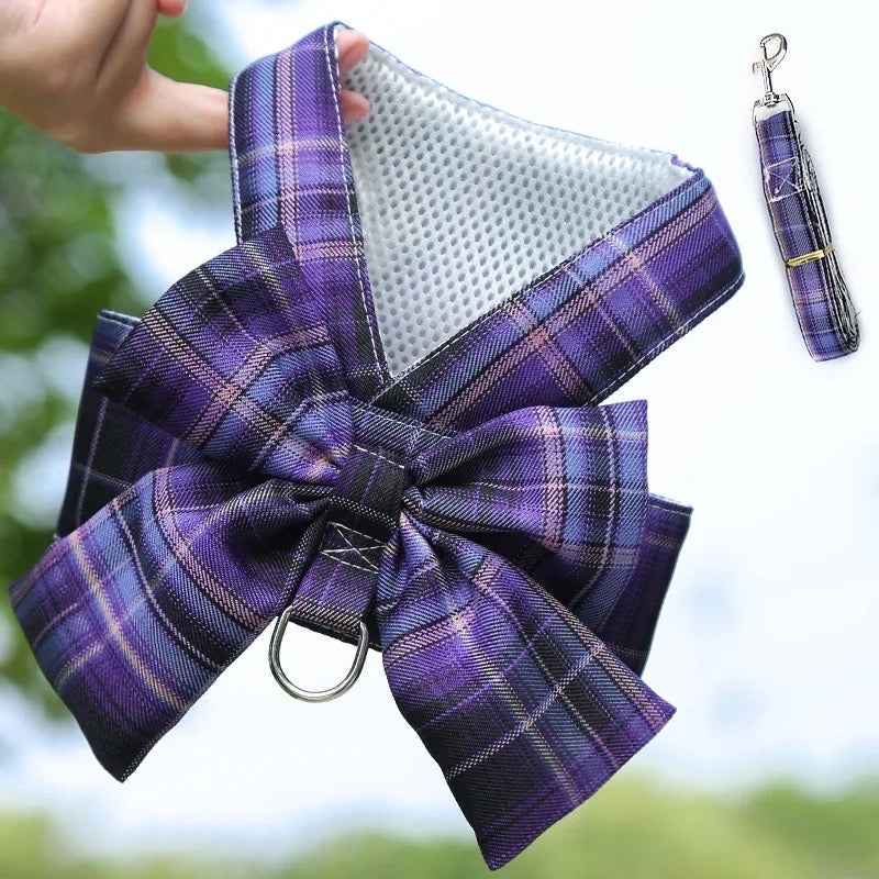 Vintage Plaid Bow Dog Harness and Leash Set | Dog Walking Outfit