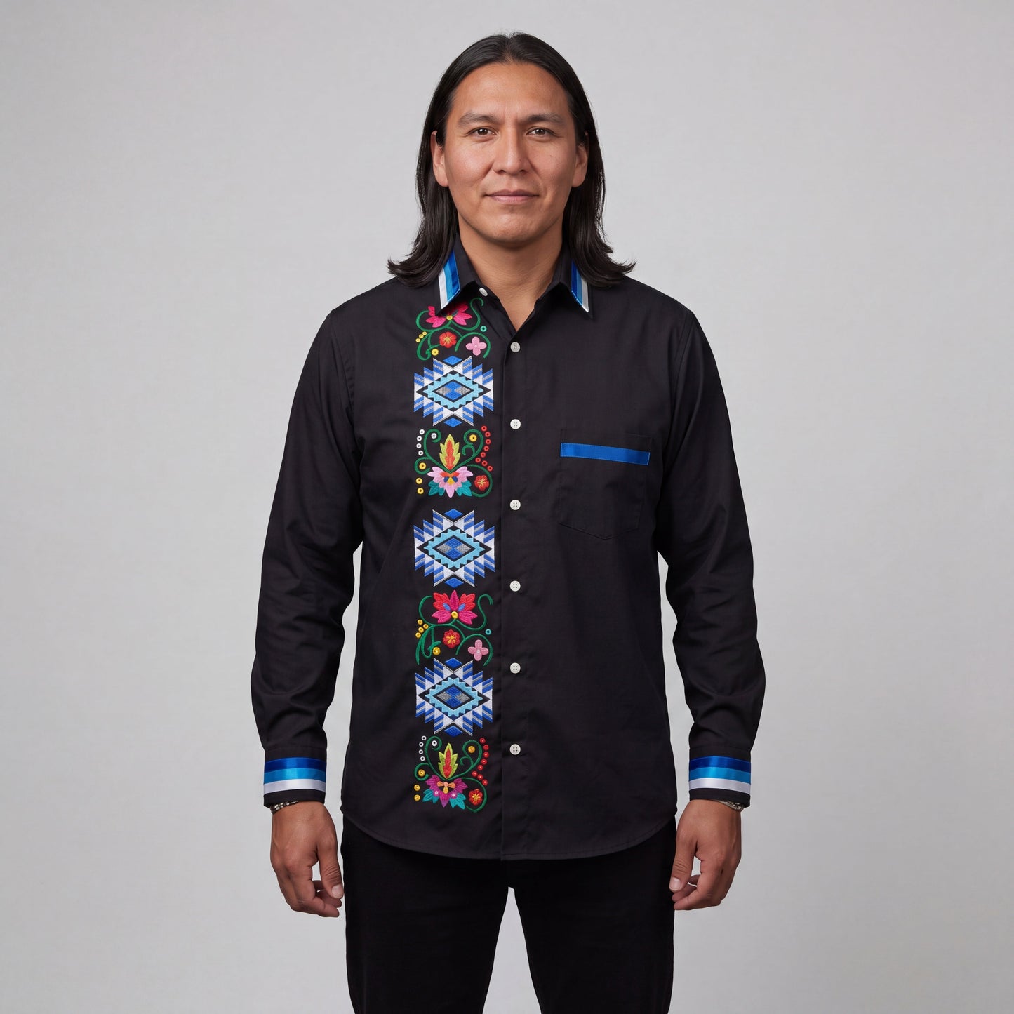 Embroidered Ribbon Shirt (Blue)