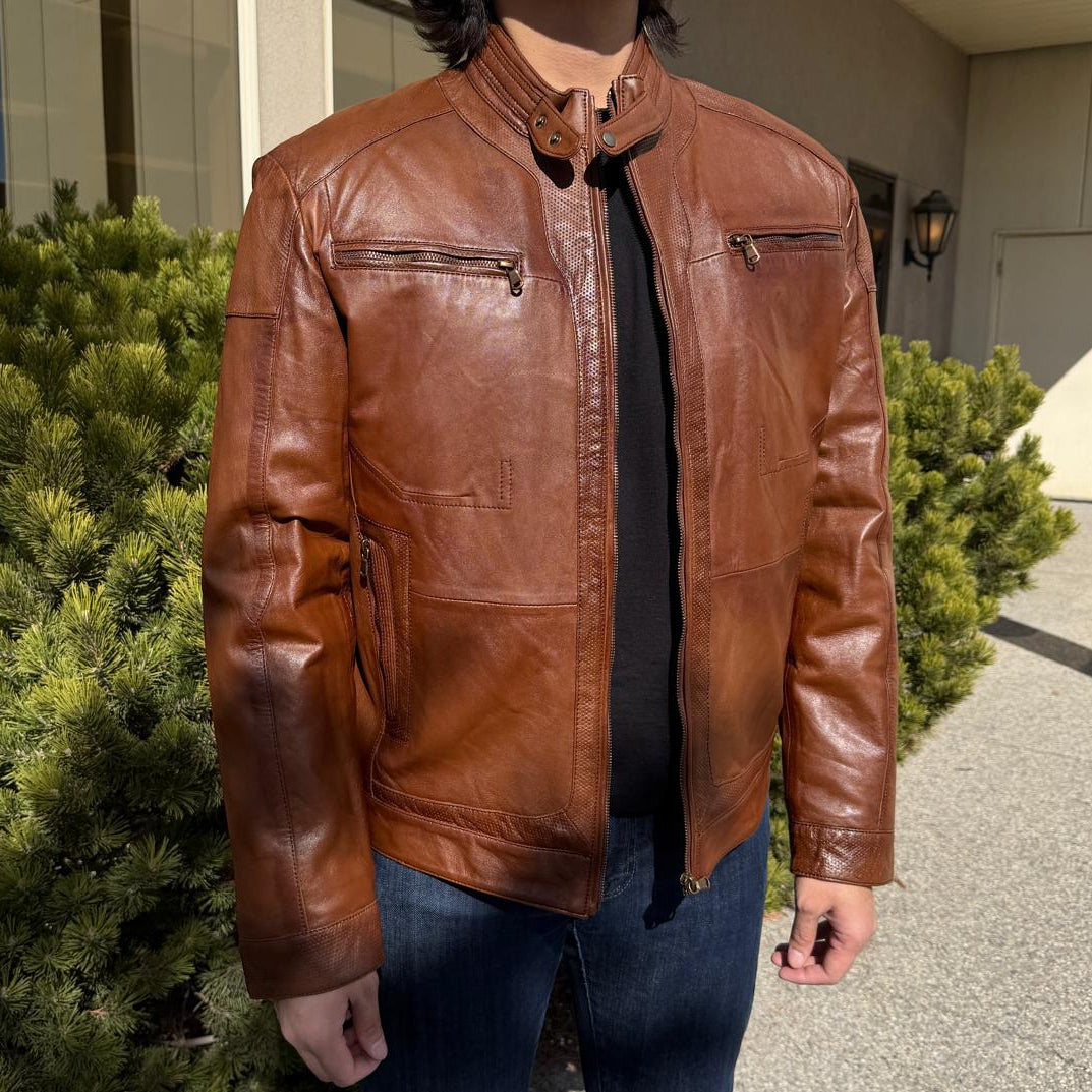 BOL Men’s Snap Collar Leather Racer Jacket. Genuine Sheep Leather Cafe Racer with 4 Zip Pockets