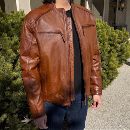 BOL Men's Racer Leather Jacket. Tan Sheep Oily Leather Moto Jacket