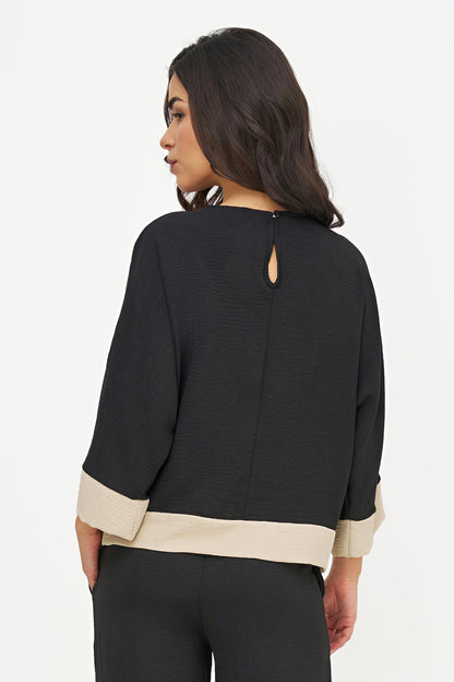 Women's Woven Color-Blocked Top, with a Wide Crew-Neckline &  3/4th Length Sleeves