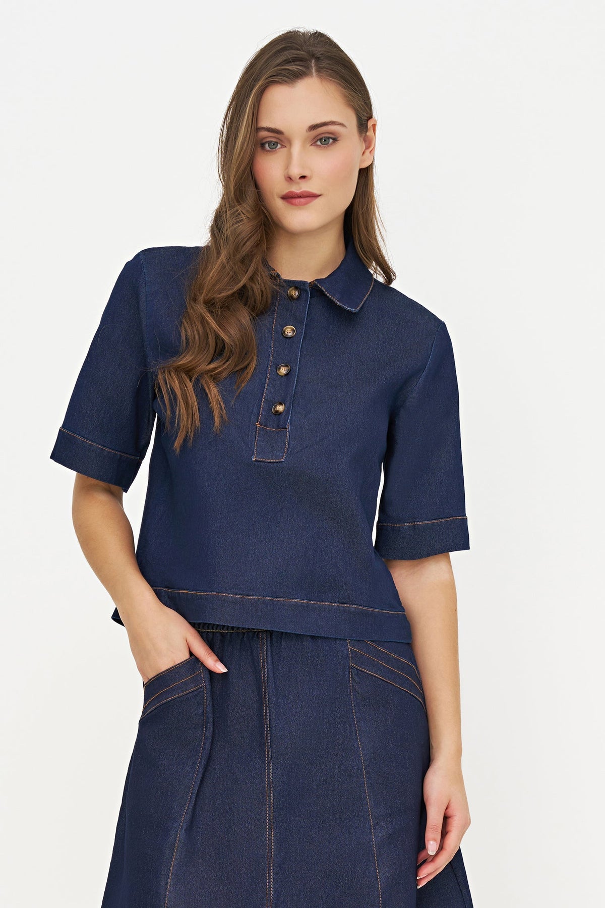 Women's Woven Lt. Weight Denim Top, with a Partial Button-Down Placket, a Shirt Collar & Elbow Length Sleeves