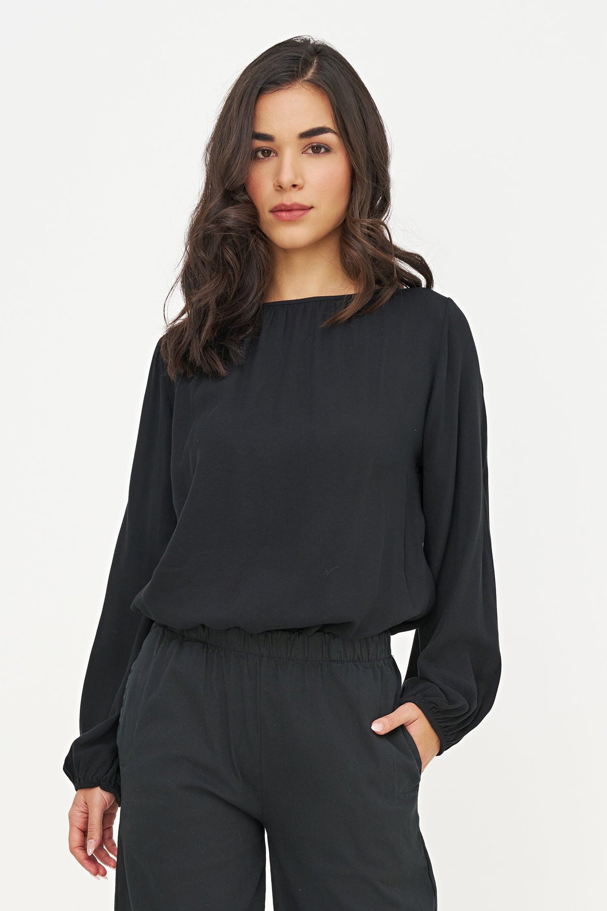 Women's Woven Boat-Neck Top, with Long Sleeves & Gathers At The Collar